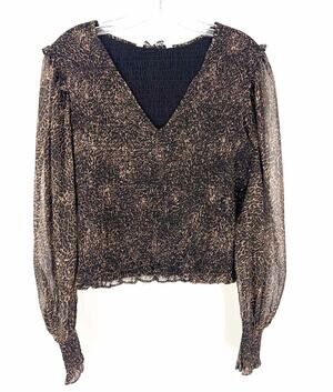 Walter Baker Size L Brown/Black Animal Print Smocked Designer Top-Long Sleeve